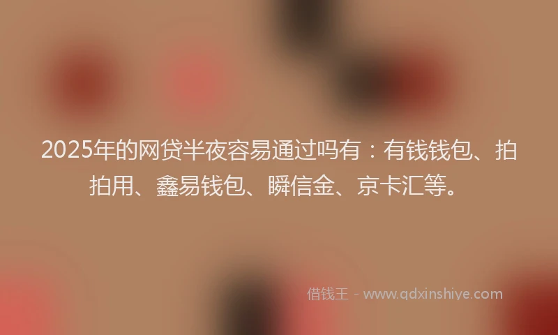 2025年的网贷半夜容易通过吗有：有钱钱包、拍拍用、鑫易钱包、瞬信金、京卡汇等。