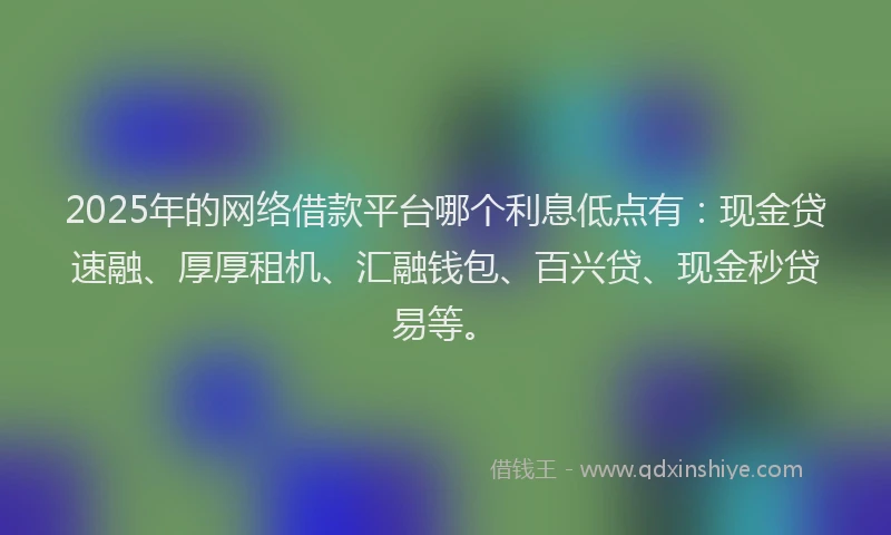 2025年的网络借款平台哪个利息低点有：现金贷速融、厚厚租机、汇融钱包、百兴贷、现金秒贷易等。