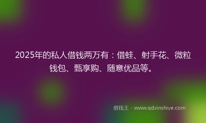 2025年的私人借钱两万有：借蛙、射手花、微粒钱包、甄享购、随意优品等。