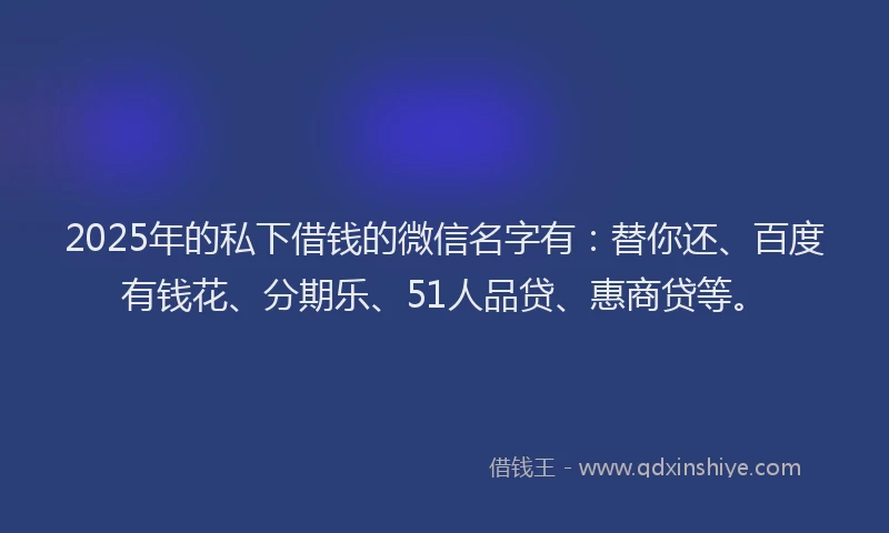 2025年的私下借钱的微信名字有：替你还、百度有钱花、分期乐、51人品贷、惠商贷等。