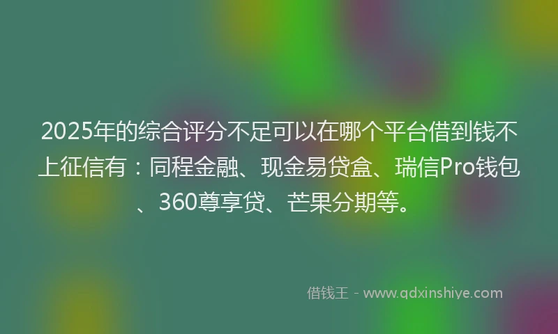 2025年的综合评分不足可以在哪个平台借到钱不上征信有：同程金融、现金易贷盒、瑞信Pro钱包、360尊享贷、芒果分期等。