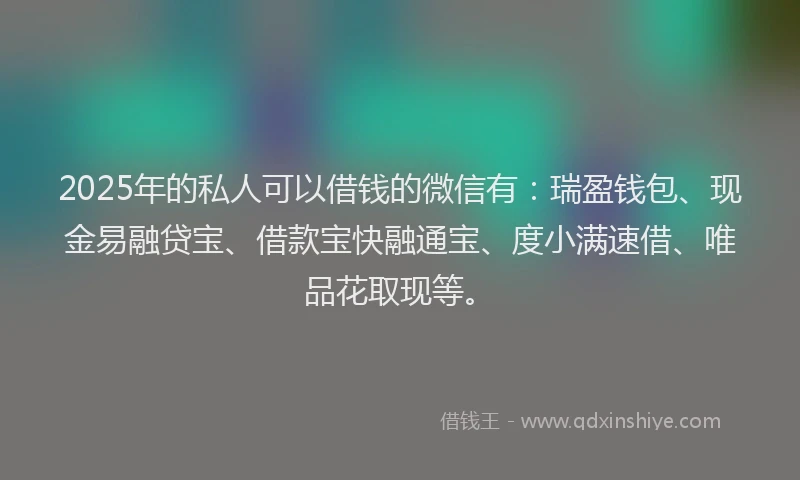 2025年的私人可以借钱的微信有：瑞盈钱包、现金易融贷宝、借款宝快融通宝、度小满速借、唯品花取现等。