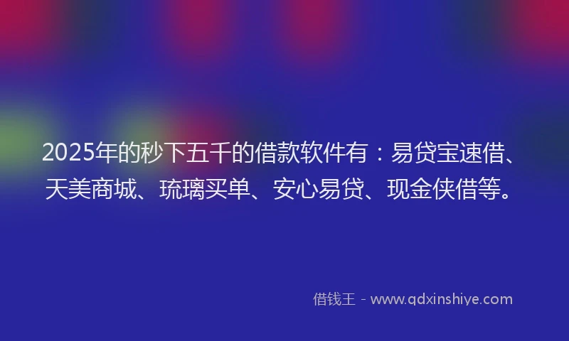 2025年的秒下五千的借款软件有：易贷宝速借、天美商城、琉璃买单、安心易贷、现金侠借等。