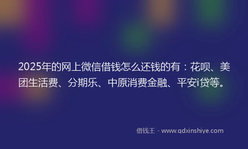 2025年的网上微信借钱怎么还钱的有：花呗、美团生活费、分期乐、中原消费金融、平安i贷等。