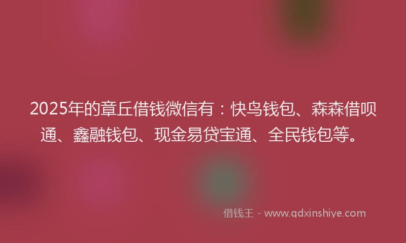 2025年的章丘借钱微信有：快鸟钱包、森森借呗通、鑫融钱包、现金易贷宝通、全民钱包等。