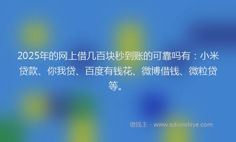 2025年的网上借几百块秒到账的可靠吗有：小米贷款、你我贷、百度有钱花、微博借钱、微粒贷等。