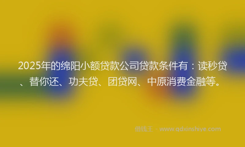 2025年的绵阳小额贷款公司贷款条件有：读秒贷、替你还、功夫贷、团贷网、中原消费金融等。
