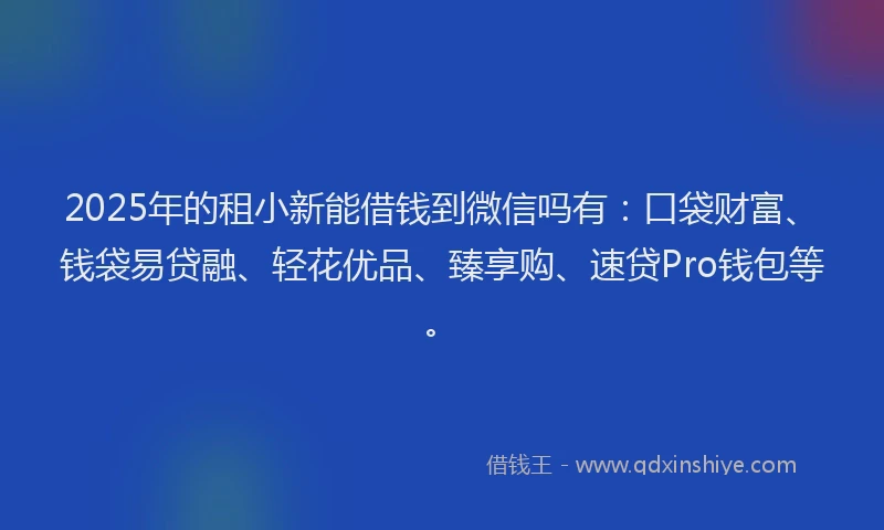 2025年的租小新能借钱到微信吗有：口袋财富、钱袋易贷融、轻花优品、臻享购、速贷Pro钱包等。
