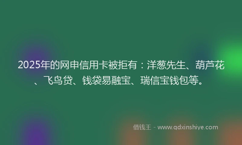 2025年的网申信用卡被拒有：洋葱先生、葫芦花、飞鸟贷、钱袋易融宝、瑞信宝钱包等。