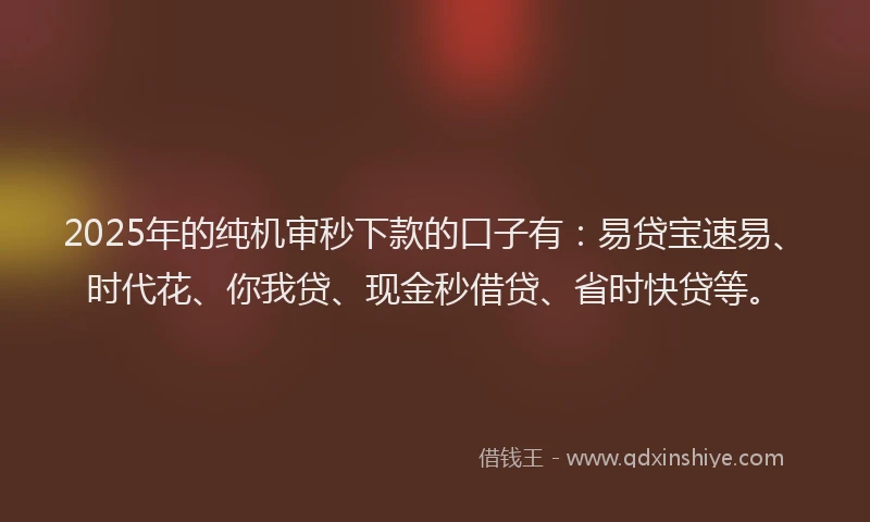 2025年的纯机审秒下款的口子有：易贷宝速易、时代花、你我贷、现金秒借贷、省时快贷等。