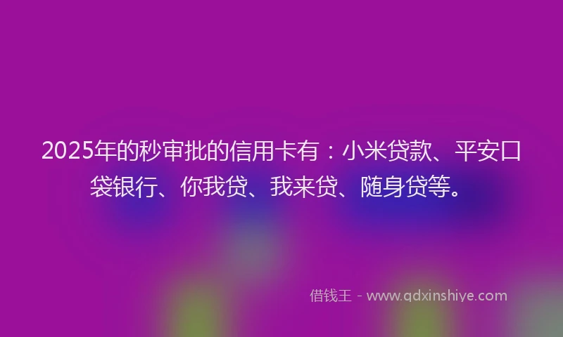 2025年的秒审批的信用卡有：小米贷款、平安口袋银行、你我贷、我来贷、随身贷等。
