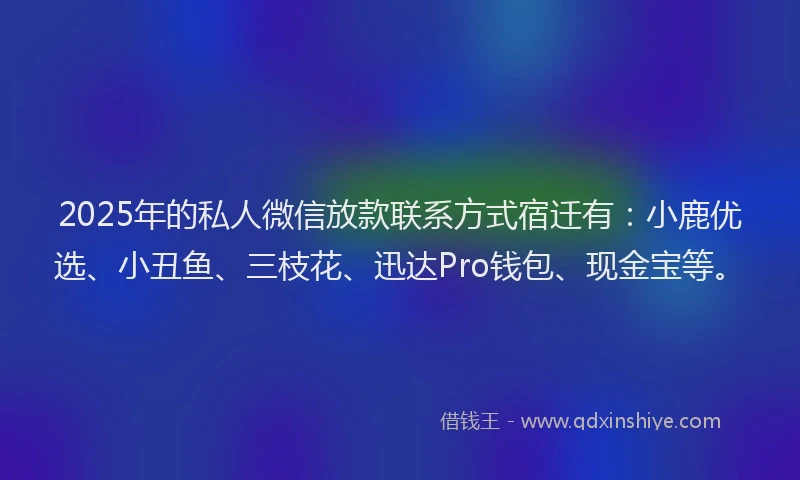 2025年的私人微信放款联系方式宿迁有：小鹿优选、小丑鱼、三枝花、迅达Pro钱包、现金宝等。