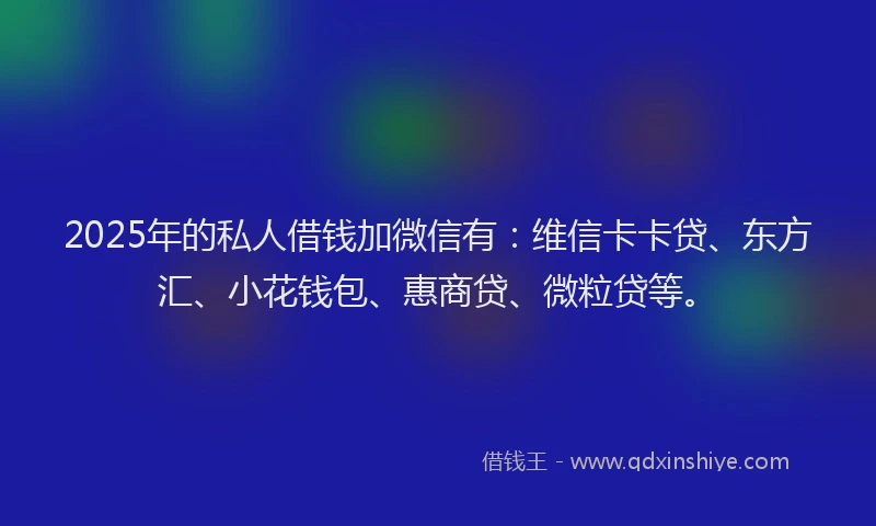 2025年的私人借钱加微信有：维信卡卡贷、东方汇、小花钱包、惠商贷、微粒贷等。