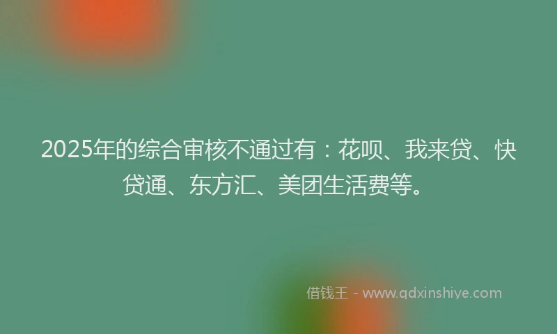 2025年的综合审核不通过有：花呗、我来贷、快贷通、东方汇、美团生活费等。