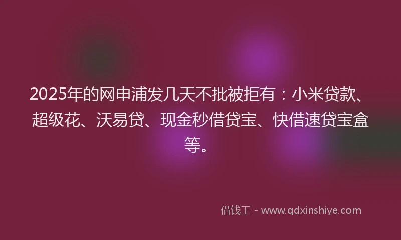 2025年的网申浦发几天不批被拒有：小米贷款、超级花、沃易贷、现金秒借贷宝、快借速贷宝盒等。