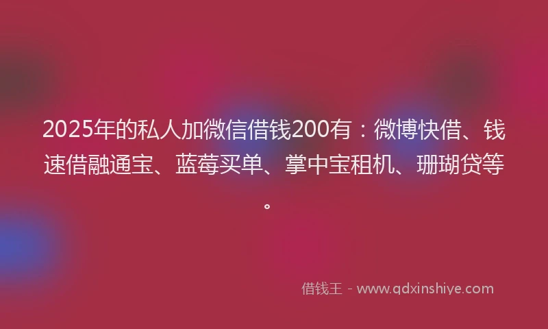 2025年的私人加微信借钱200有：微博快借、钱速借融通宝、蓝莓买单、掌中宝租机、珊瑚贷等。