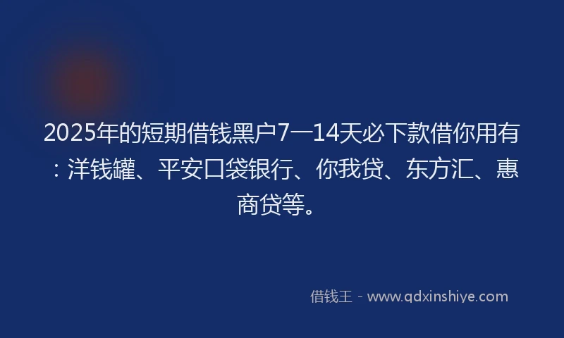 2025年的短期借钱黑户7一14天必下款借你用有：洋钱罐、平安口袋银行、你我贷、东方汇、惠商贷等。