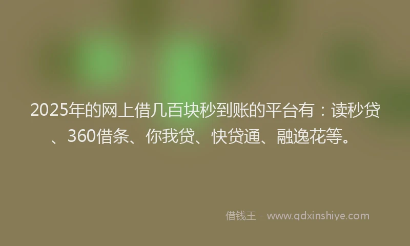 2025年的网上借几百块秒到账的平台有：读秒贷、360借条、你我贷、快贷通、融逸花等。