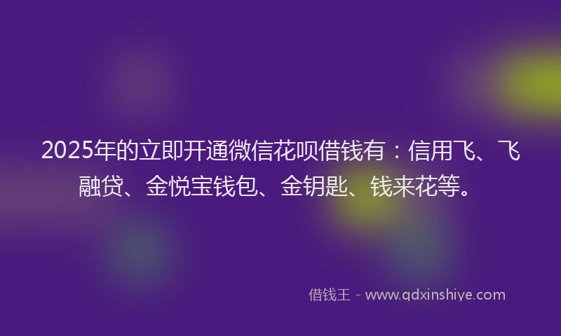 2025年的立即开通微信花呗借钱有：信用飞、飞融贷、金悦宝钱包、金钥匙、钱来花等。