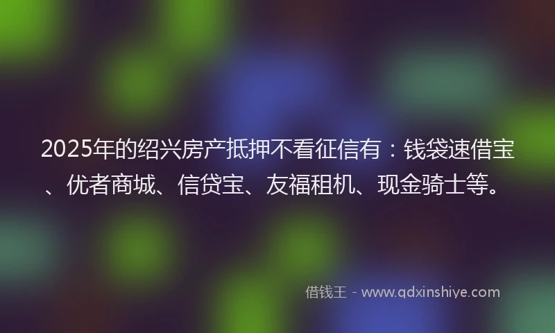 2025年的绍兴房产抵押不看征信有：钱袋速借宝、优者商城、信贷宝、友福租机、现金骑士等。