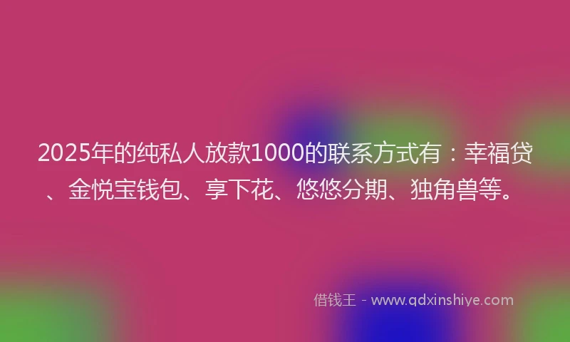 2025年的纯私人放款1000的联系方式有：幸福贷、金悦宝钱包、享下花、悠悠分期、独角兽等。