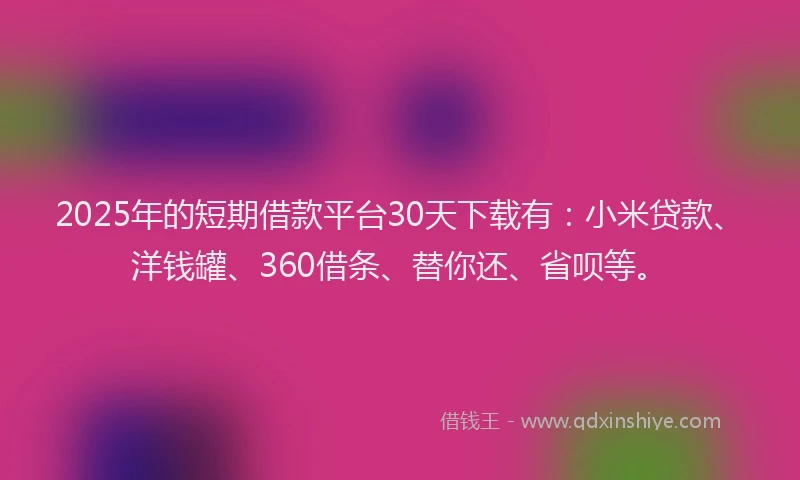 2025年的短期借款平台30天下载有：小米贷款、洋钱罐、360借条、替你还、省呗等。