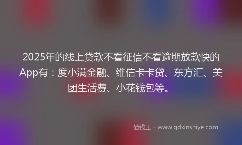 2025年的线上贷款不看征信不看逾期放款快的App有：度小满金融、维信卡卡贷、东方汇、美团生活费、小花钱包等。