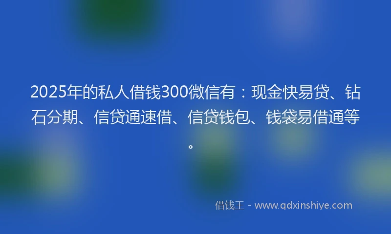 2025年的私人借钱300微信有：现金快易贷、钻石分期、信贷通速借、信贷钱包、钱袋易借通等。