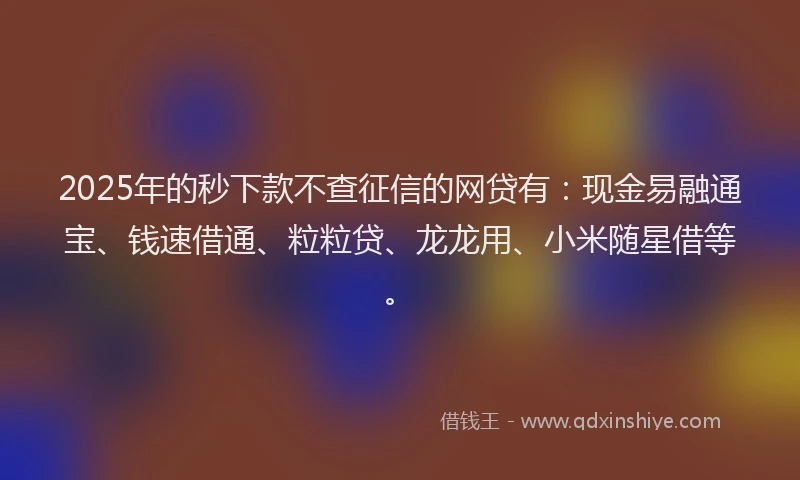 2025年的秒下款不查征信的网贷有：现金易融通宝、钱速借通、粒粒贷、龙龙用、小米随星借等。