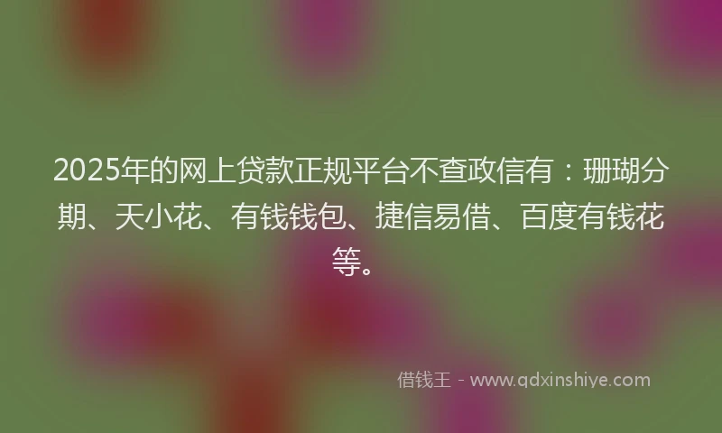 2025年的网上贷款正规平台不查政信有：珊瑚分期、天小花、有钱钱包、捷信易借、百度有钱花等。