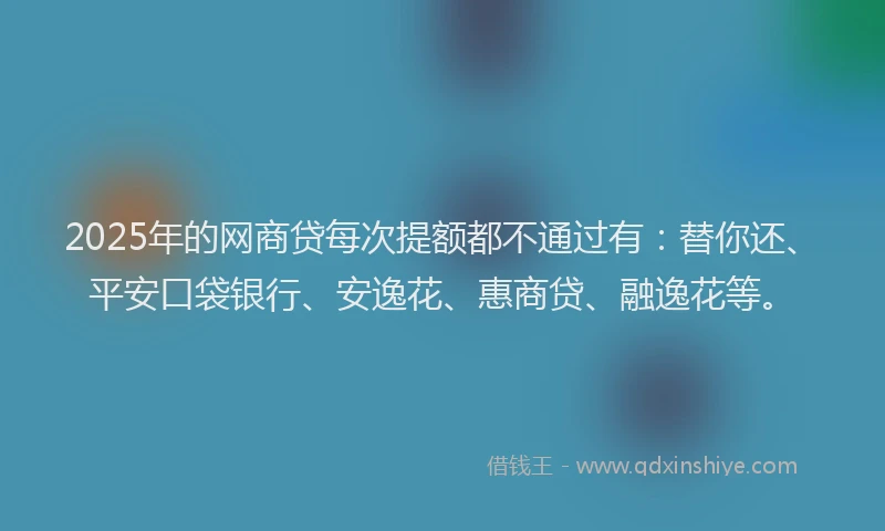 2025年的网商贷每次提额都不通过有：替你还、平安口袋银行、安逸花、惠商贷、融逸花等。
