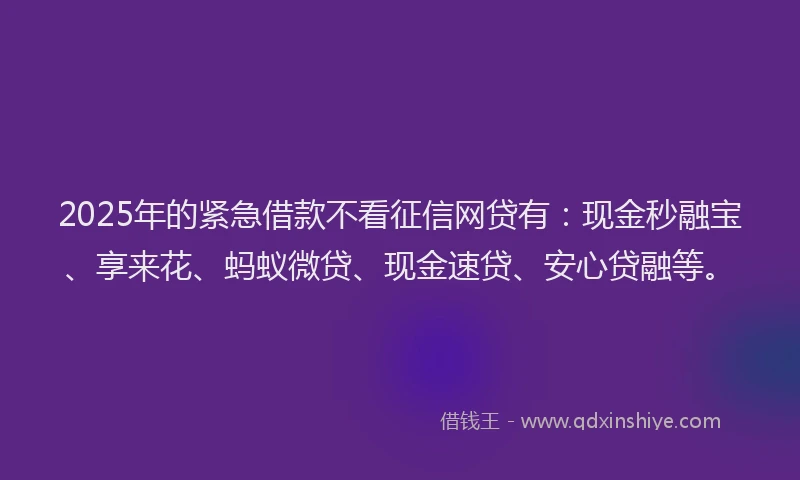 2025年的紧急借款不看征信网贷有：现金秒融宝、享来花、蚂蚁微贷、现金速贷、安心贷融等。