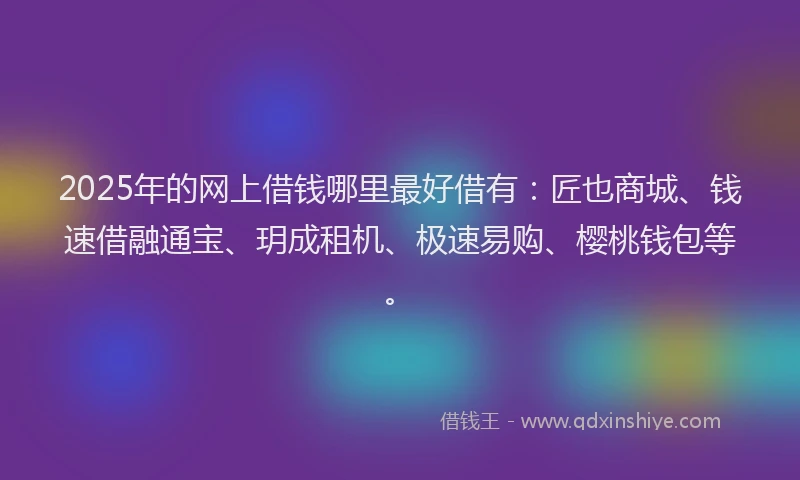2025年的网上借钱哪里最好借有：匠也商城、钱速借融通宝、玥成租机、极速易购、樱桃钱包等。