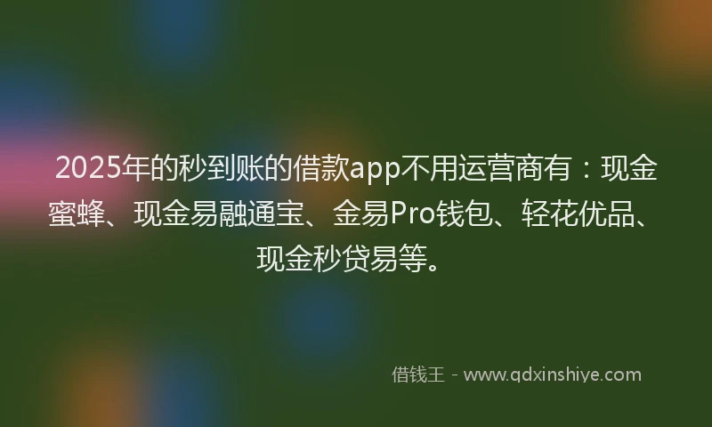 2025年的秒到账的借款app不用运营商有：现金蜜蜂、现金易融通宝、金易Pro钱包、轻花优品、现金秒贷易等。