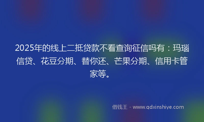 2025年的线上二抵贷款不看查询征信吗有：玛瑙信贷、花豆分期、替你还、芒果分期、信用卡管家等。
