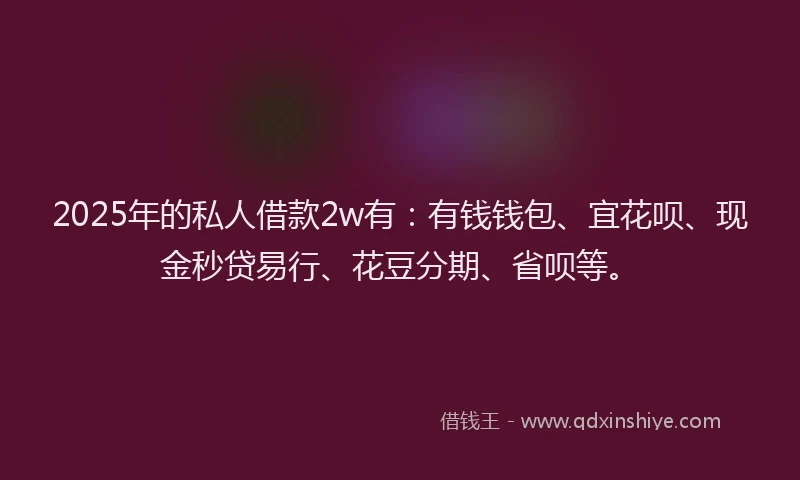 2025年的私人借款2w有：有钱钱包、宜花呗、现金秒贷易行、花豆分期、省呗等。