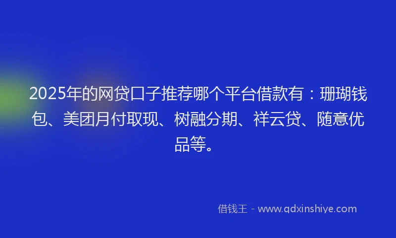 2025年的网贷口子推荐哪个平台借款有：珊瑚钱包、美团月付取现、树融分期、祥云贷、随意优品等。
