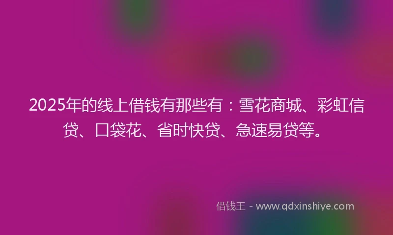 2025年的线上借钱有那些有：雪花商城、彩虹信贷、口袋花、省时快贷、急速易贷等。