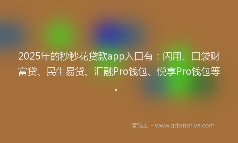 2025年的秒秒花贷款app入口有：闪用、口袋财富贷、民生易贷、汇融Pro钱包、悦享Pro钱包等。