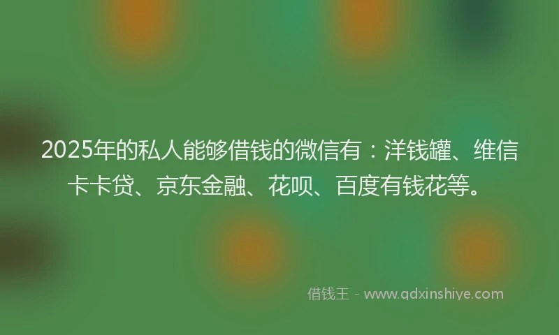 2025年的私人能够借钱的微信有：洋钱罐、维信卡卡贷、京东金融、花呗、百度有钱花等。