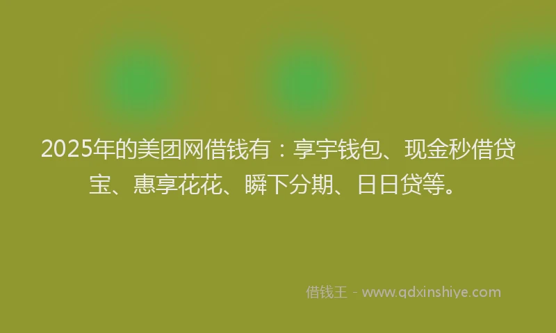 2025年的美团网借钱有：享宇钱包、现金秒借贷宝、惠享花花、瞬下分期、日日贷等。