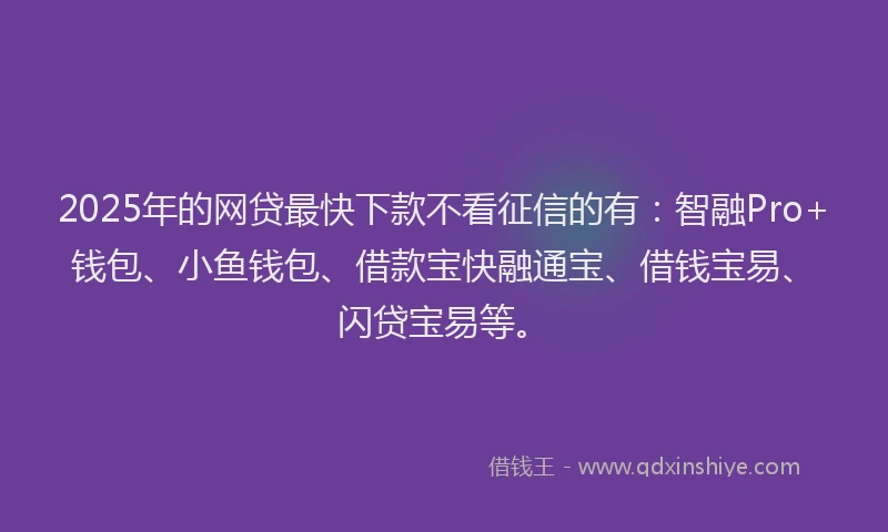 2025年的网贷最快下款不看征信的有：智融Pro+钱包、小鱼钱包、借款宝快融通宝、借钱宝易、闪贷宝易等。