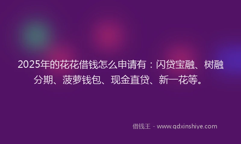 2025年的花花借钱怎么申请有：闪贷宝融、树融分期、菠萝钱包、现金直贷、新一花等。