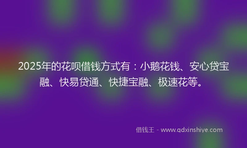 2025年的花呗借钱方式有：小鹅花钱、安心贷宝融、快易贷通、快捷宝融、极速花等。