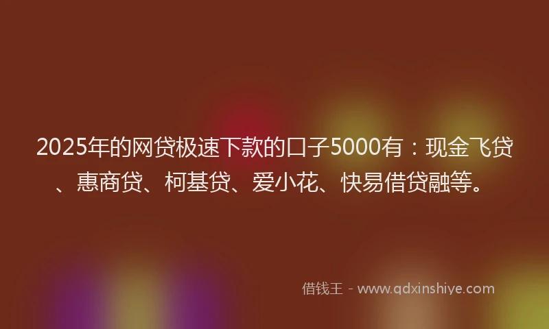 2025年的网贷极速下款的口子5000有：现金飞贷、惠商贷、柯基贷、爱小花、快易借贷融等。