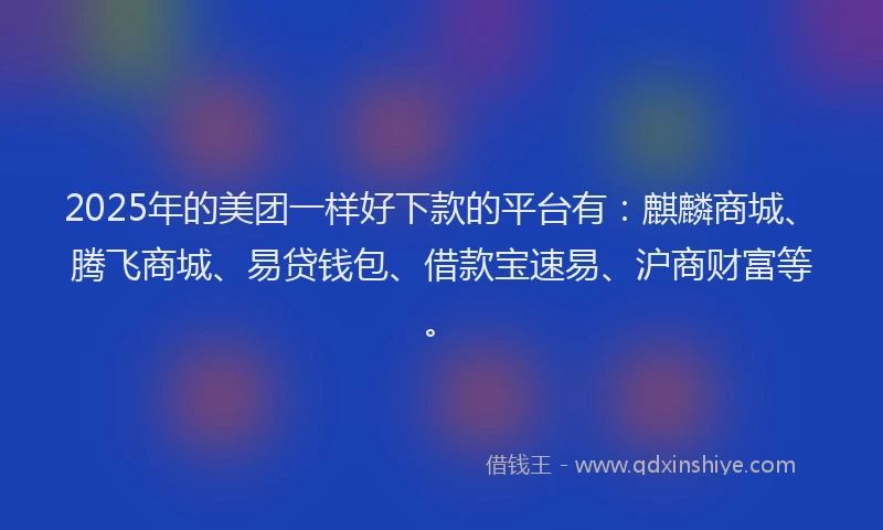 2025年的美团一样好下款的平台有：麒麟商城、腾飞商城、易贷钱包、借款宝速易、沪商财富等。