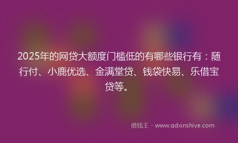 2025年的网贷大额度门槛低的有哪些银行有：随行付、小鹿优选、金满堂贷、钱袋快易、乐借宝贷等。