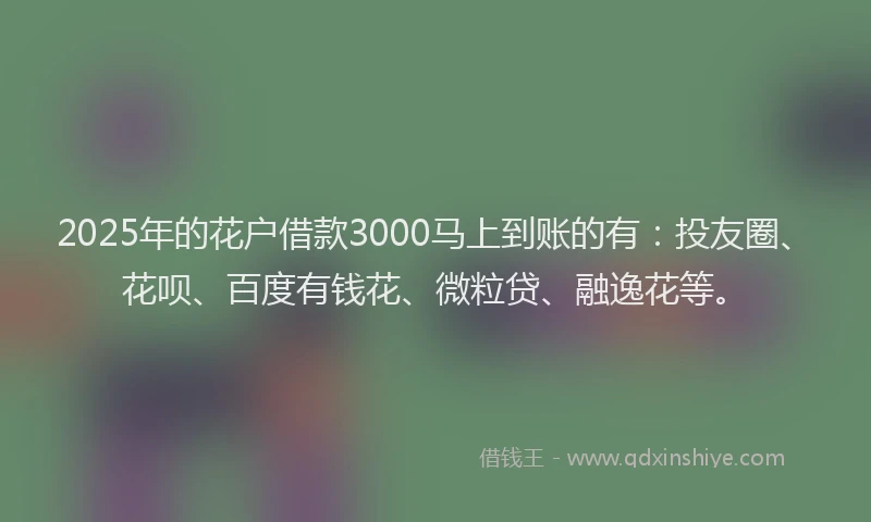 2025年的花户借款3000马上到账的有：投友圈、花呗、百度有钱花、微粒贷、融逸花等。
