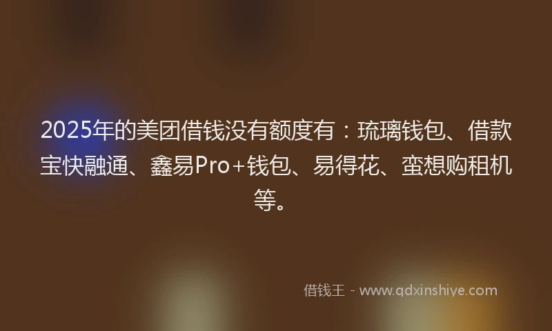 2025年的美团借钱没有额度有：琉璃钱包、借款宝快融通、鑫易Pro+钱包、易得花、蛮想购租机等。