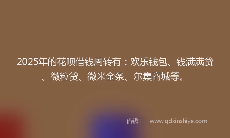 2025年的花呗借钱周转有：欢乐钱包、钱满满贷、微粒贷、微米金条、尔集商城等。